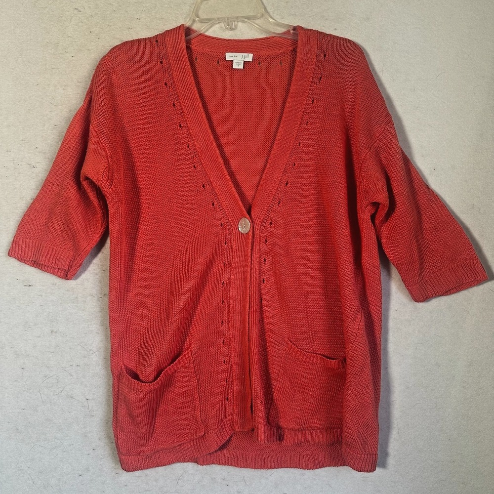 J. JILL cardigan Size Small 100% linen one button coral orange half sleeve pckts